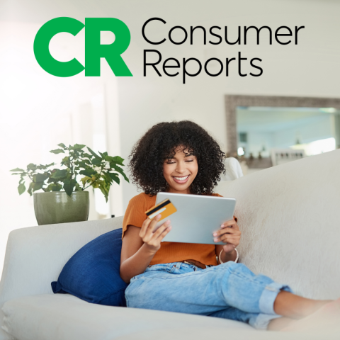 Lady of a couch reading a tablet with Consumer Reports logo with text below "Use your library card to access consumer reports"