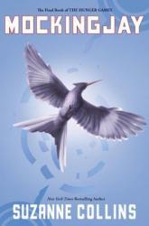 A blue background with a white mockingjay with its wing's spread.